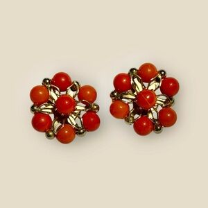 Vintage Lucite  Bright Orange Clip on Earrings Gold Tone Setting Retro Boho